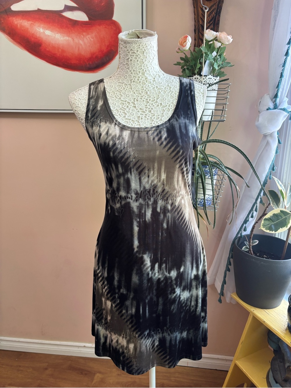 Vintage Black and Gray Tie-Dye Mini Dress - Picture 1 of 13